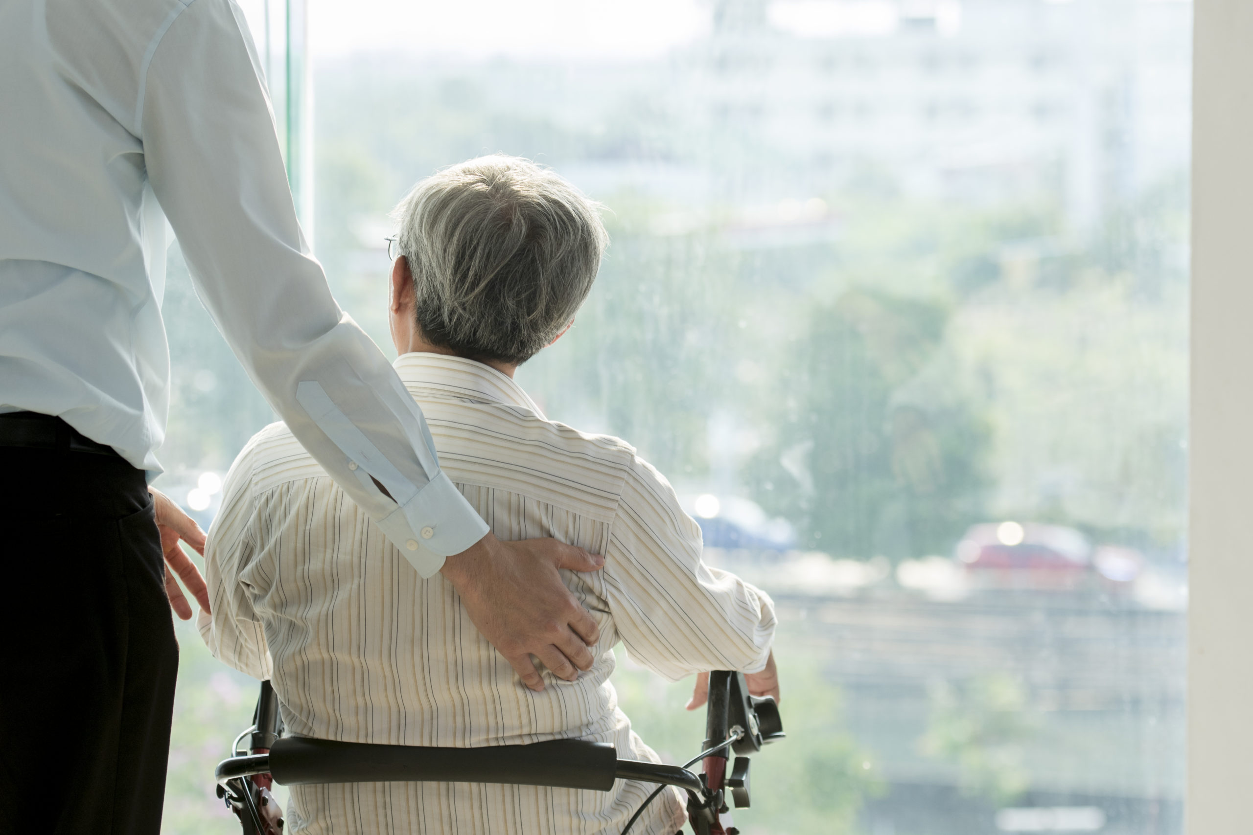 caregiver pushing elder in wheelchair