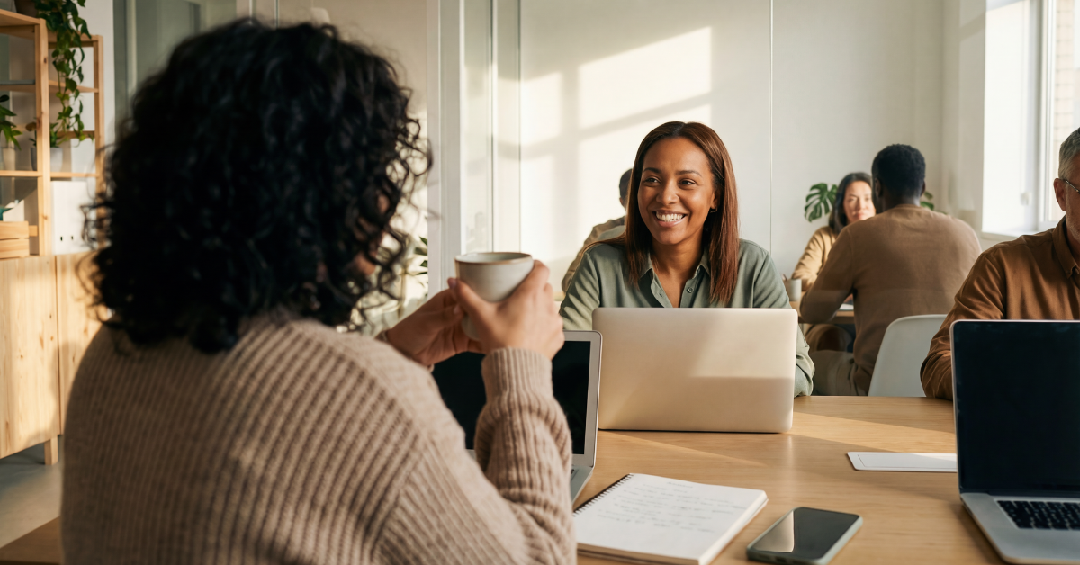 Employees discussing workplace wellness